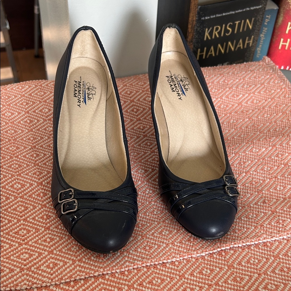 Life Stride Navy Blue Heeled Pumps with Buckle Detail